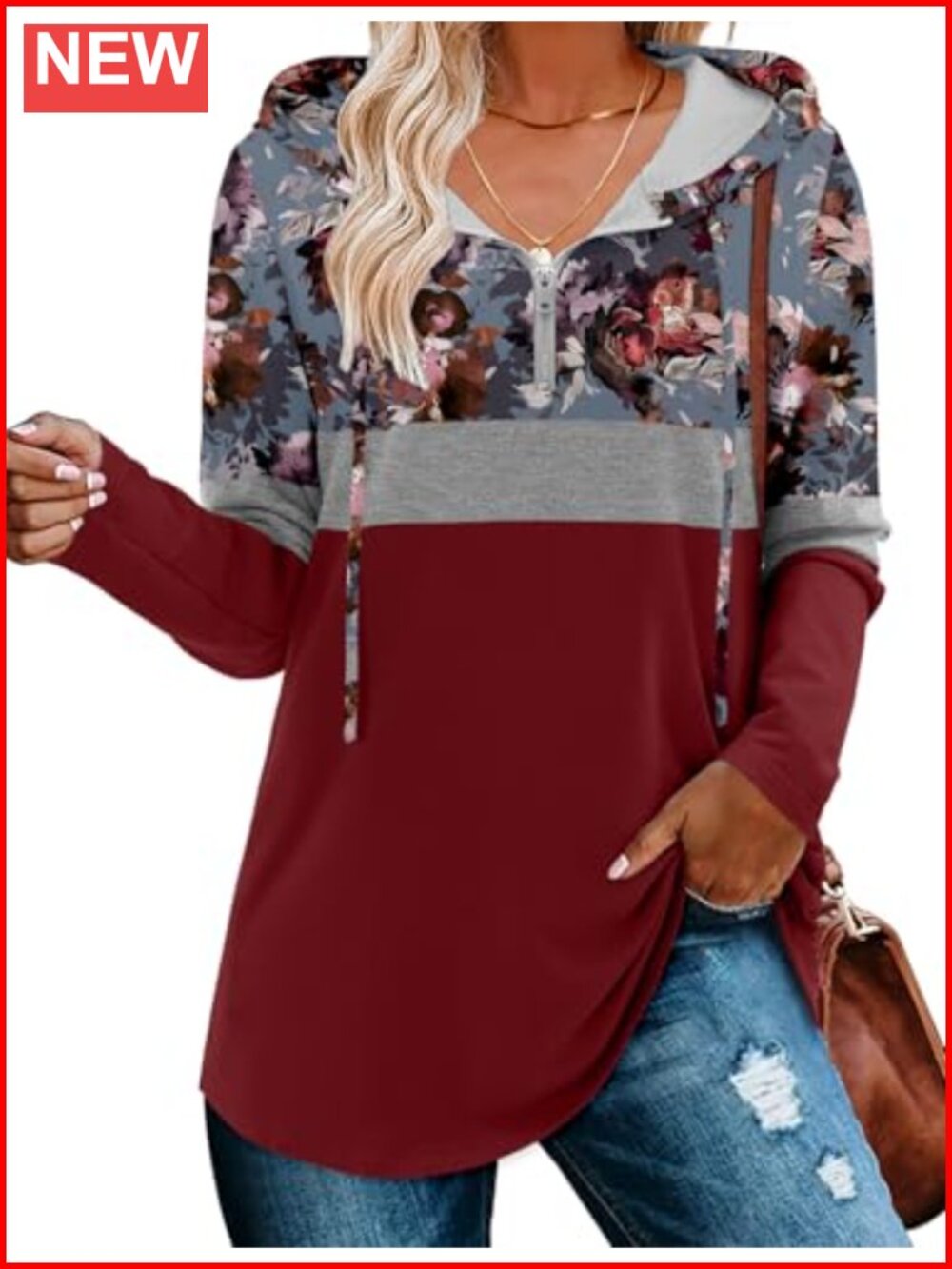 Women's Quarter Zip Tunic Hoodie Loose Fit Retro Pullover Kangaroo Pocket